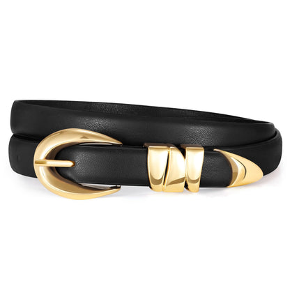 HOTXZQTIVE Women's Skinny Leather Belts Ladies Thin Waist Belts for Jeans Dress Pants Trendy Black Belt with Gold Buckle