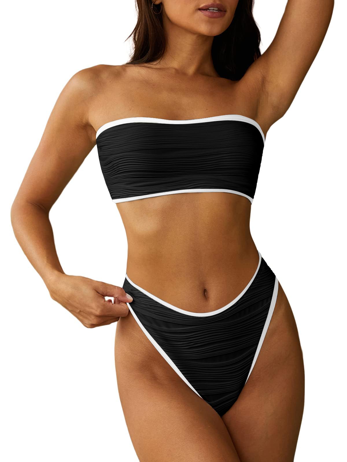 HOTZAFUL Women Strapless Bandeau Bikini 2 Piece Swimwear Lace up Bathing Suits | Strapless Textured Bikini Set Cheeky Solid Bandeau Bathing Suits