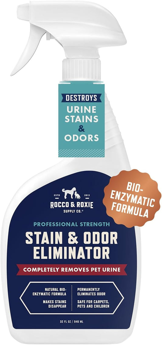 HOTRocco & Roxie Supply Co. Stain & Strong Odor Eliminator, Enzyme Cleaner, Pet Odor Eliminator for Home - Carpet Stain Remover for Cats & Dog Pee - Urine Destroyer - Carpet Cleaner Spray Clear, 32 Fl Oz
