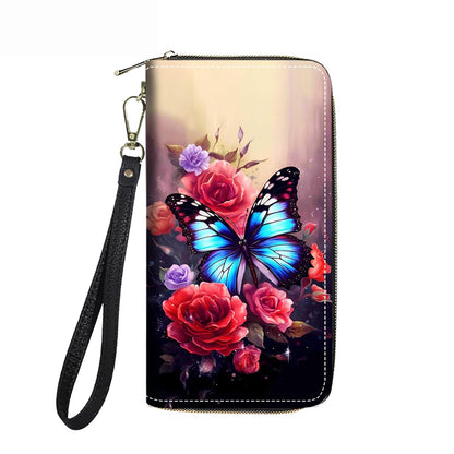 HOTWomen's Large Capacity Wallet PU Leather Double Zipper Clutch Purse Multifunctional Wallet with Removable Wristlet Strap for Smart Phone/Coin/Card/Cash, Flower Butterfly