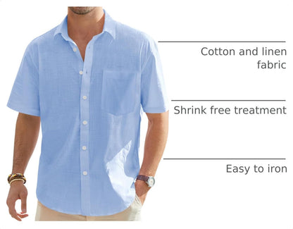 HOTJ.VER Mens Linen Shirt Short Sleeve Button Down Casual Summer Shirts | Cotton Linen, Untucked, Big Tall, from Beach Camp Vacation, Cruise Fishing, Work Office, to Wedding Party Family, with Pocket