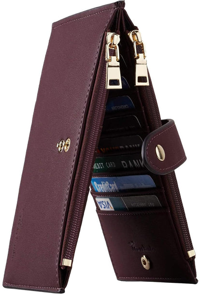 HOTTravelambo Womens Leather Bifold Wallet, Slim RFID Blocking Card Holder | Large Capacity, 16 Card Slots & ID Window, 2 Zipper Pockets, Dual Snap Closure, Slim Lightweight, RFID Privacy Protection