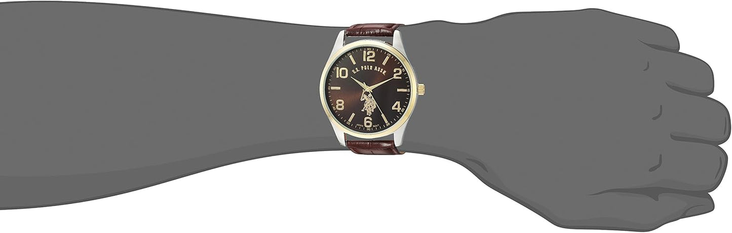 HOTU.S. Polo Assn. Men's Brown Dial Watch with Gold-Tone Bezel and Croc-Embossed Strap – Analog Quartz Timepiece in Gift Box Fits Wrists 5.5"-8" with 44mm Silver-Tone Case