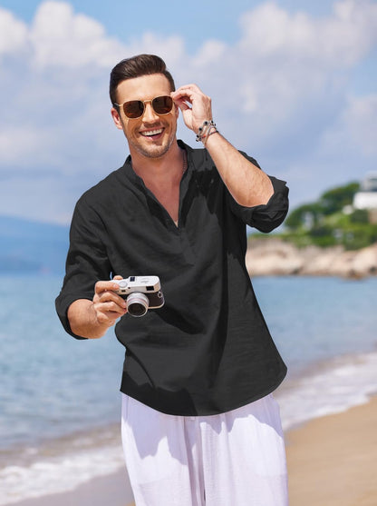 HOTCOOFANDY Men's Cotton Linen Henley T-Shirt Long Sleeve Hippie Casual Beach T-Shirts