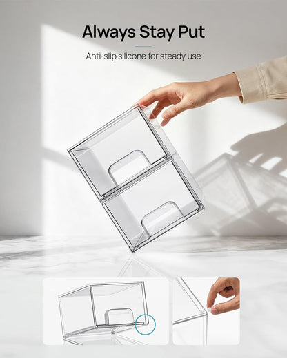 HOTVtopmart 4 Pack Small Clear Stackable Storage Drawers,Acrylic Bathroom Makeup Organizer,Plastic Storage Bins for Vanity, Undersink, Kitchen Cabinets, Pantry, Home Organization