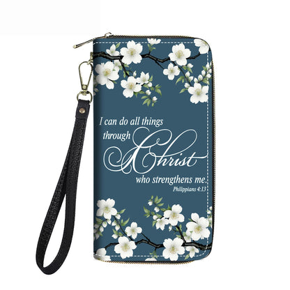 HOTWomen's Large Capacity Wallet PU Leather Double Zipper Clutch Purse Multifunctional Wallet with Removable Wristlet Strap for Smart Phone/Coin/Card/Cash, Floral Quotes Bible Verse Philippians 4-13
