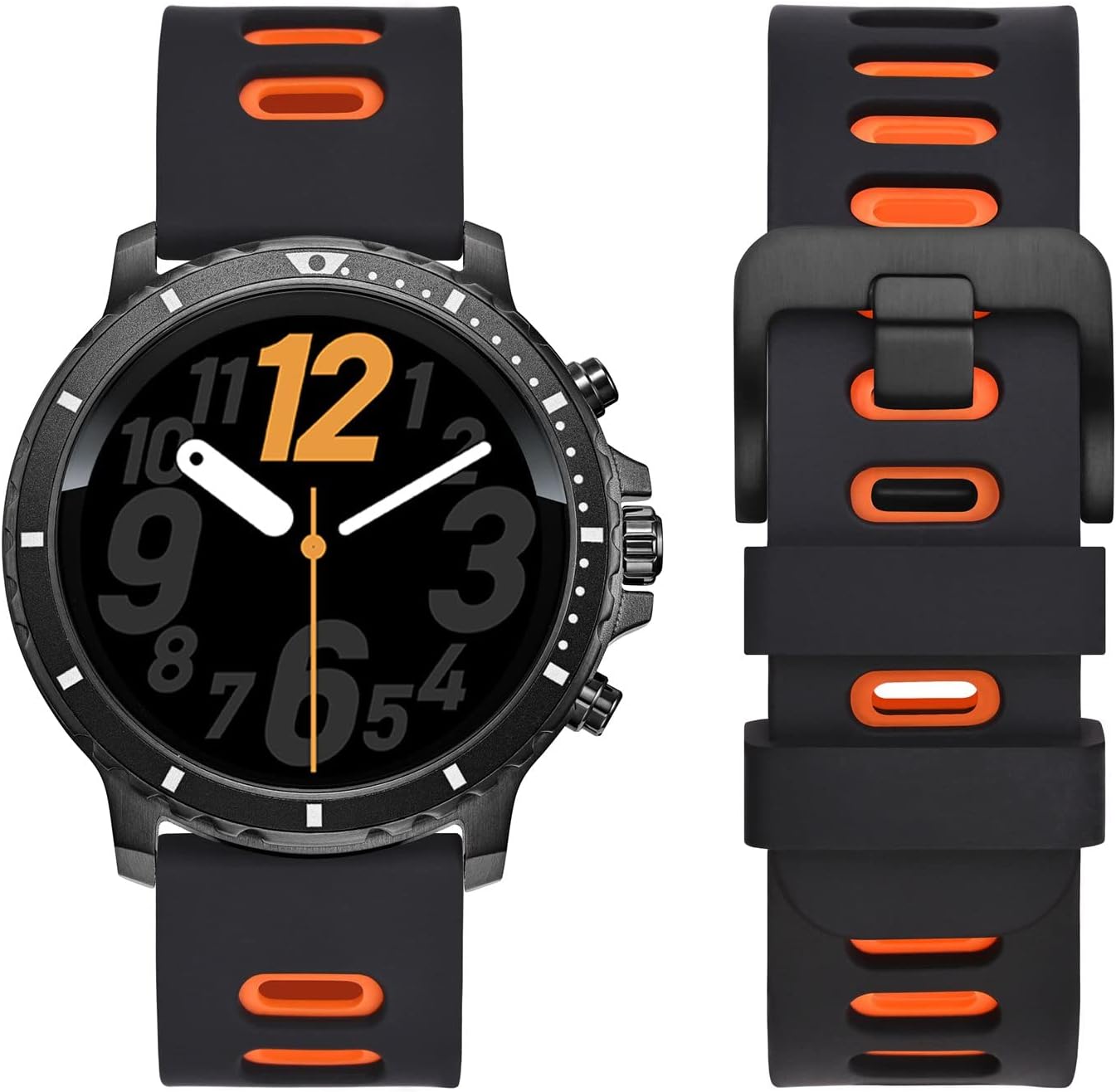 HOTWOCCI 22mm Bicolor Watch Band, Silicone Rubber, Quick Release Replacement Strap for Men and Women, Black Stainless Steel Buckle (Black-Orange)