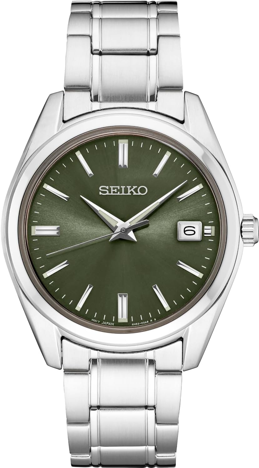 HOTSEIKO SUR527 Quartz Watch for Men - Essentials Collection - Green Dial with Date Calendar, Stainless Steel - 100M Water Resistant