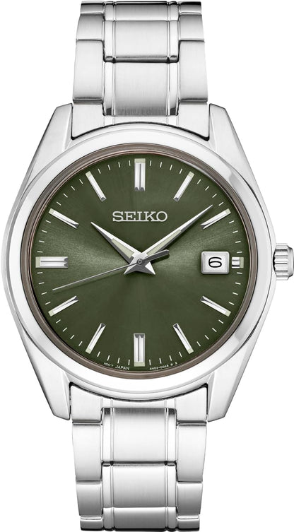 HOTSEIKO SUR527 Quartz Watch for Men - Essentials Collection - Green Dial with Date Calendar, Stainless Steel - 100M Water Resistant