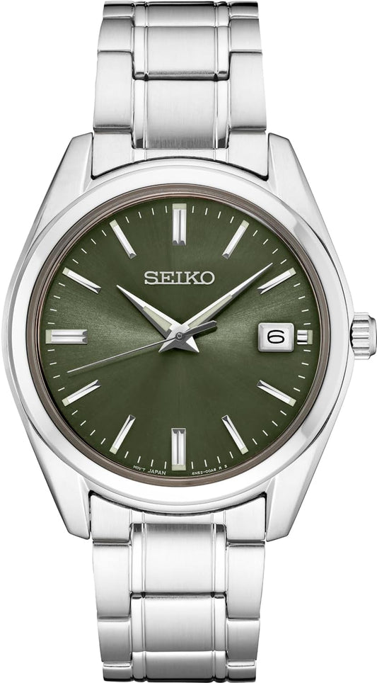 HOTSEIKO SUR527 Quartz Watch for Men - Essentials Collection - Green Dial with Date Calendar, Stainless Steel - 100M Water Resistant