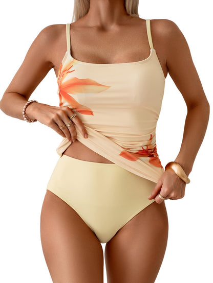 HOTEomenie Women Tankini Two Piece High Waisted Tummy Control Ribbed Swimsuits | Full Coverage Slimming Swim Suits, Square neck, Adjustable Spaghetti Straps, Removable Soft Padded Bra,Beach Pool Vacation