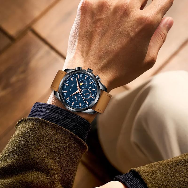 HOTWatches for Men Chronograph Analog Luminous Quartz Watch Blue Black Luxury Genuine Leather Mens Watches Business Sports Waterproof Wristwatch Elegant Gift for Him