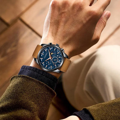 HOTWatches for Men Chronograph Analog Luminous Quartz Watch Blue Black Luxury Genuine Leather Mens Watches Business Sports Waterproof Wristwatch Elegant Gift for Him