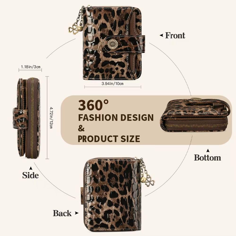 HOTWallet Women RFID Blocking Leather with Zipper Coin Pocket, Compact Small Wallet with Cash Section,8 Credit Card Holder,2 ID Window (Leopard)