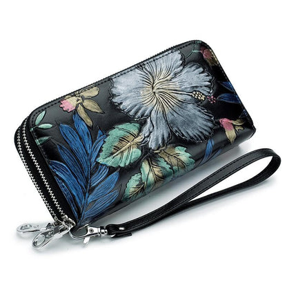 HOTGOIACII Women's Wallet Large Capacity Double Zip Ladies Card Phone Holder RFID Blocking Wristlet Leather