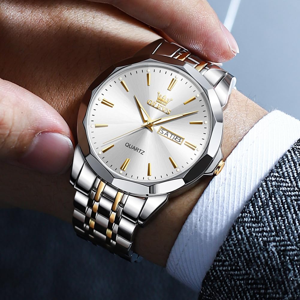 HOTOLEVS Watch for Men Diamond Business Dress Analog Quartz Stainless Steel Waterproof Luminous Date Two Tone Luxury Casual Wrist Watch Blue