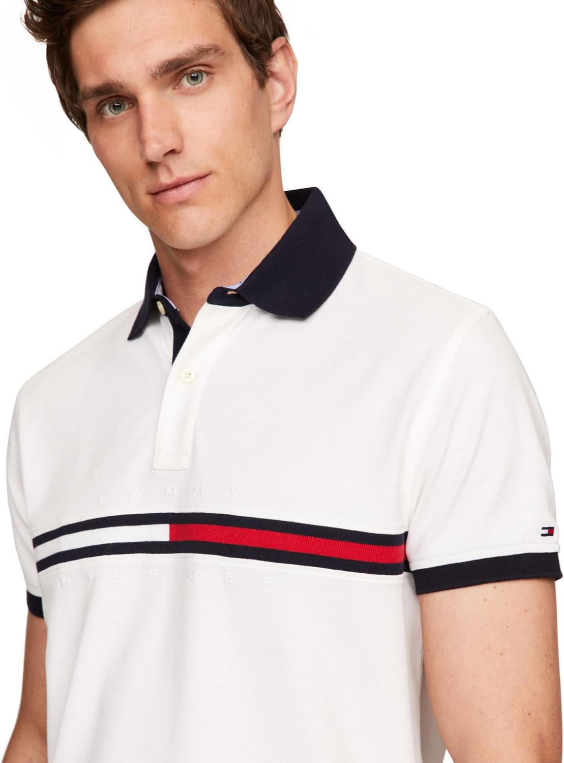 HOTTommy Hilfiger Men's Short Sleeve Cotton Pique Flag Graphic Polo Shirt in Custom Fit