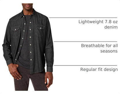HOTAmazon Essentials Men's Slim-Fit Long-Sleeve Denim Western Style Cotton Shirt with Snap Buttons, Lightweight