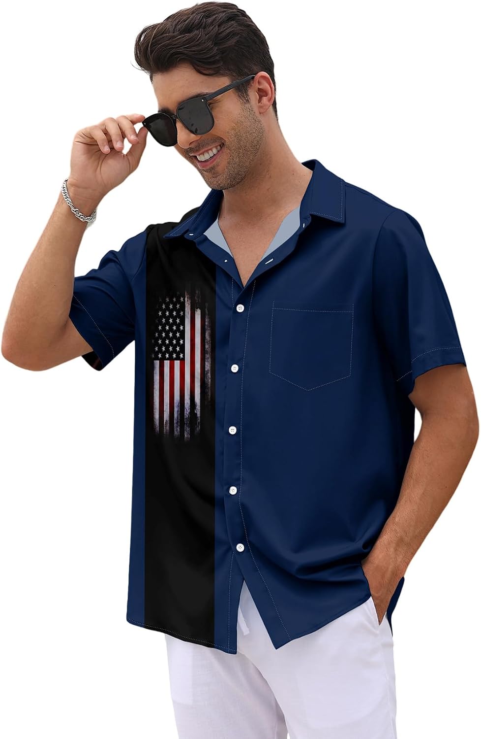 HOTWHO IN SHOP Men's 4th of July American Flag Patriotic Shirts Short Sleeve Button Up USA Memorial Day Shirts