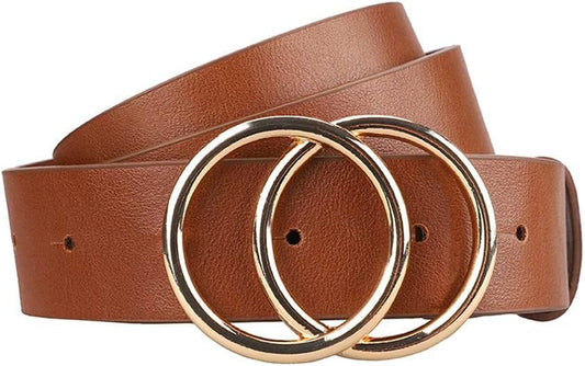HOTEarnda Women's Leather Belt Fashion Gold Buckle Waist Belts for Jeans Dress | 1.3 in Wide, Soft Faux Leather, Trendy Double O-Ring Shapes Buckle, for Dress Blouse Sweater or Coats Daily Outfits