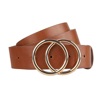 HOTEarnda Women's Leather Belt Fashion Gold Buckle Waist Belts for Jeans Dress | 1.3 in Wide, Soft Faux Leather, Trendy Double O-Ring Shapes Buckle, for Dress Blouse Sweater or Coats Daily Outfits