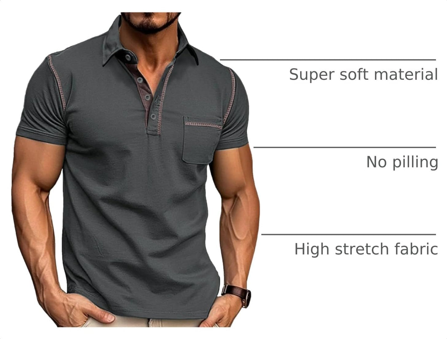 HOTMen's Fashion Polo Shirts Classic Short Sleeve Lightweight Button Cotton T-Shirt Casual Golf Tee Tops with Pocket