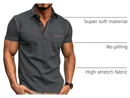 HOTMen's Fashion Polo Shirts Classic Short Sleeve Lightweight Button Cotton T-Shirt Casual Golf Tee Tops with Pocket
