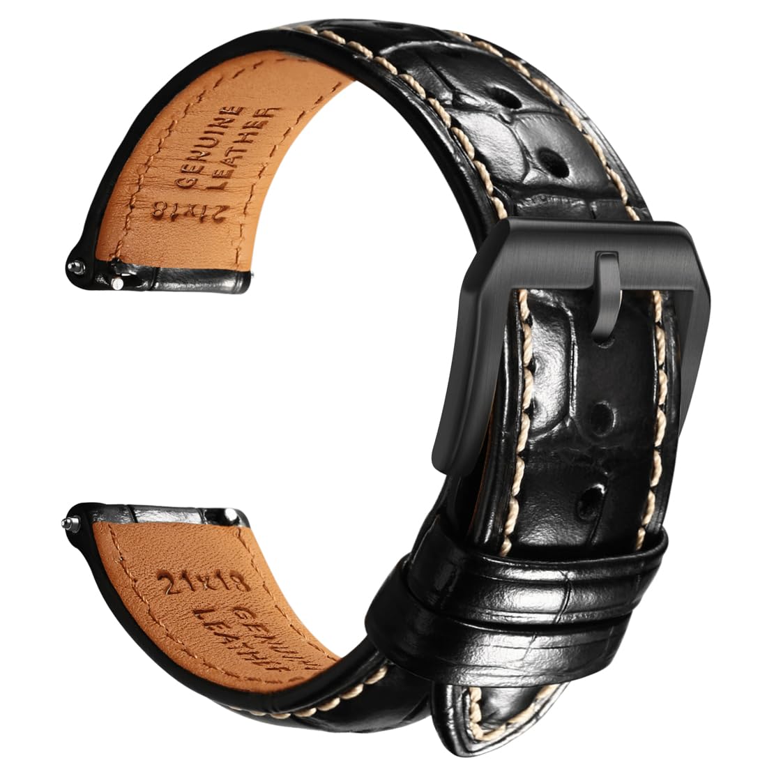 HOTREZERO Leather Watch Band for Men, Quick-Release Alligator Grain Embossed | REZERO Watch Bands Replacement | Luxury Style | 316L Stainless Steel Hardware | Curved End for Round Dial | 19/20/21/22mm
