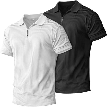 HOTplop 2 Pack Mens 1/4 Zipper Muscle Polo Shirts Slim Fit Collared Shirt Short Sleeve Ribbed Knit Fitted Casual Athletic Tee