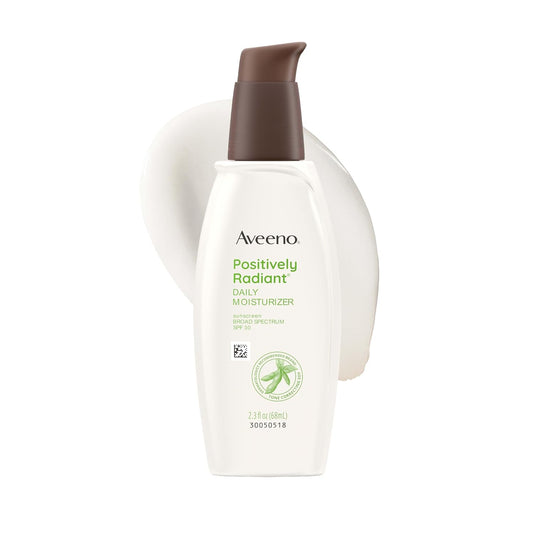 HOTAveeno Positively Radiant Face Moisturizer with SPF 30 Sunscreen, Hydrating Facial Moisturizer with Soy Extract to Visibly Improve Skin Tone and Texture, Hypoallergenic Formula, Oil-Free, 2.3 Fl Oz