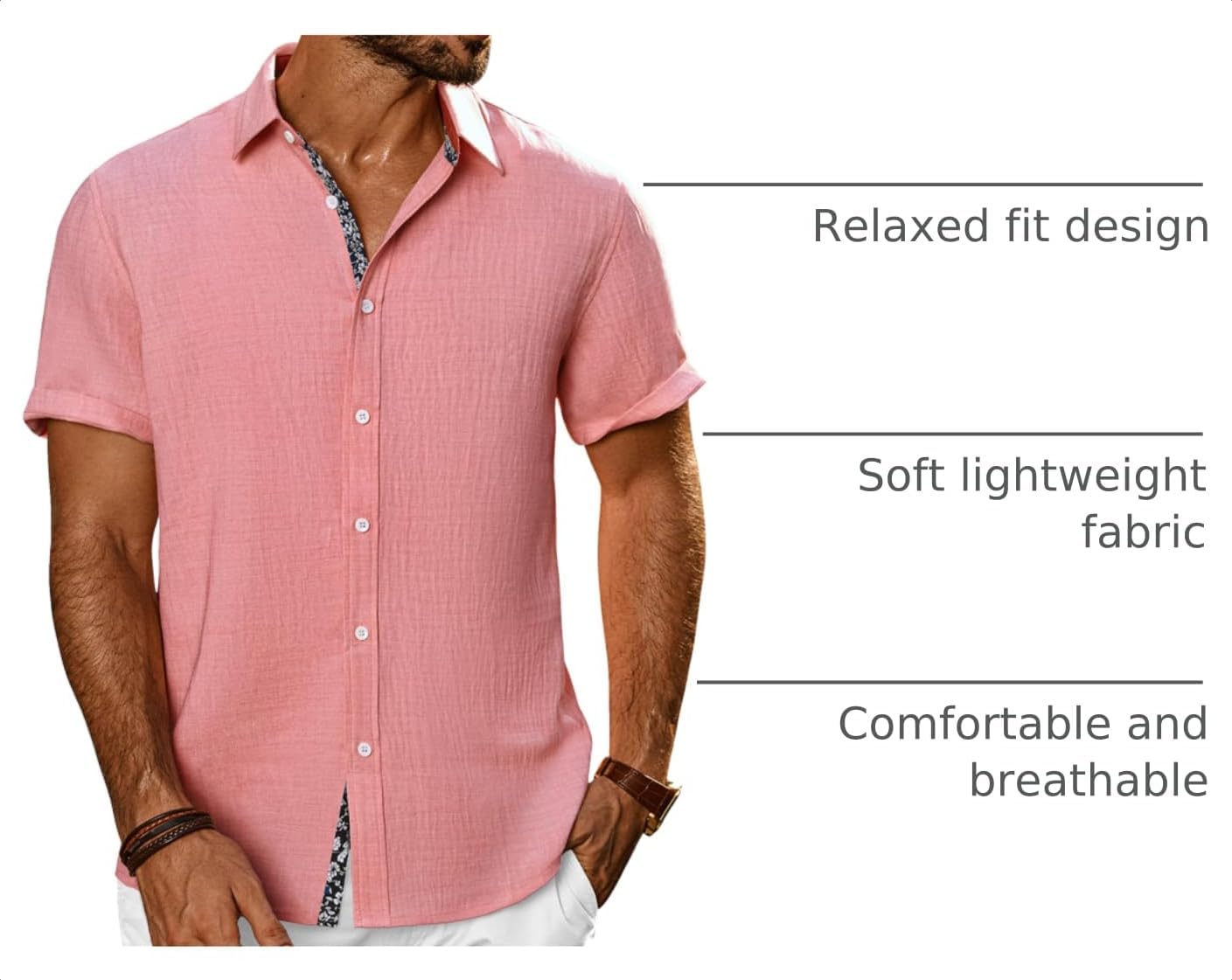 HOTPJ PAUL JONES Mens Short Sleeve Button Down Shirts Casual Summer Clothing | Linen Textured, Summer Beach Vacation Tops, Untucked Dress Shirt, Lightweight, Regular Fit, Fashion Resort Wear