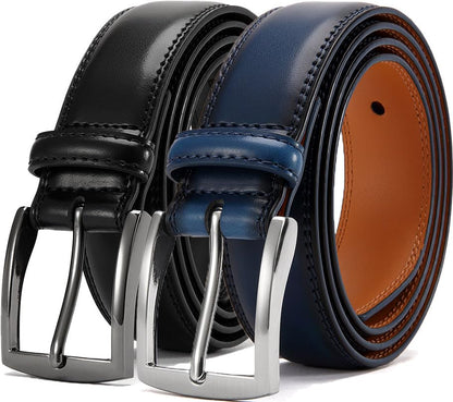 HOTDOOPAI Men's Genuine Leather Dress Belt 2Pack - Handmade Classic Casual and Business Belt, 100% Cow Leather Prong Buckle,