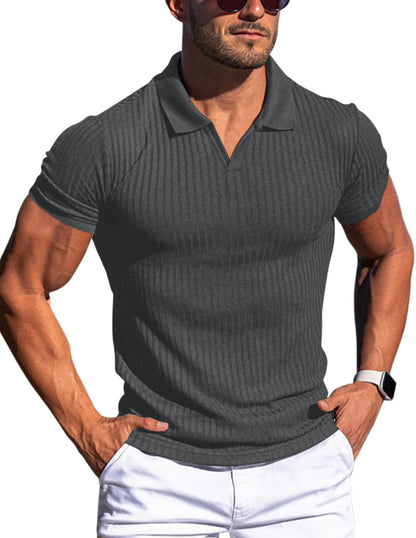 HOTMen's Muscle V Neck Polo Shirts Slim Fit Short Long Sleeve Cotton Golf T-Shirts Ribbed Knit Soft Tees