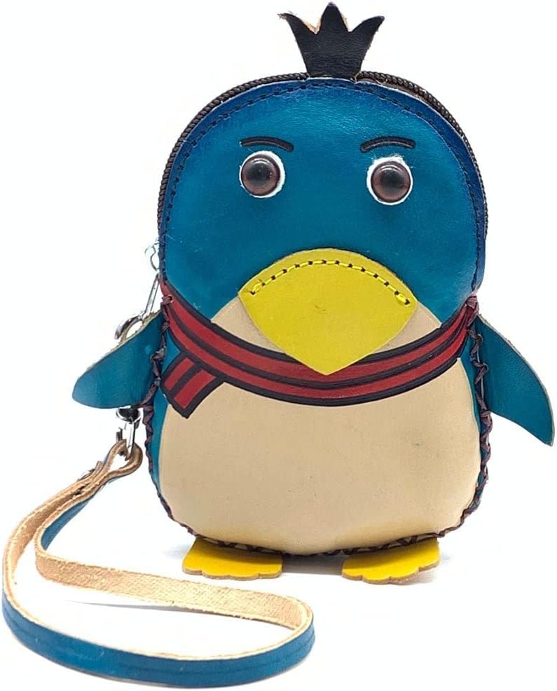 HOTHandmade Vintage Genuine Leather 3D Animal Penguin Coin Purse with Removable wrist strap