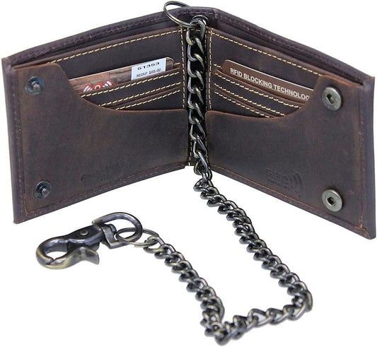 HOTRFID Oil Tanned Bifold Chain Wallet W/Snaps