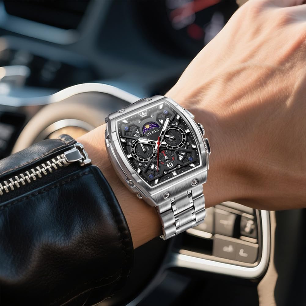 HOTOLEVS Men Watches Business Dress Chronograph Big Square Quartz Analog Male Watch Silicone Strap Waterproof Date Gift Mens Wrsit Watch Silver