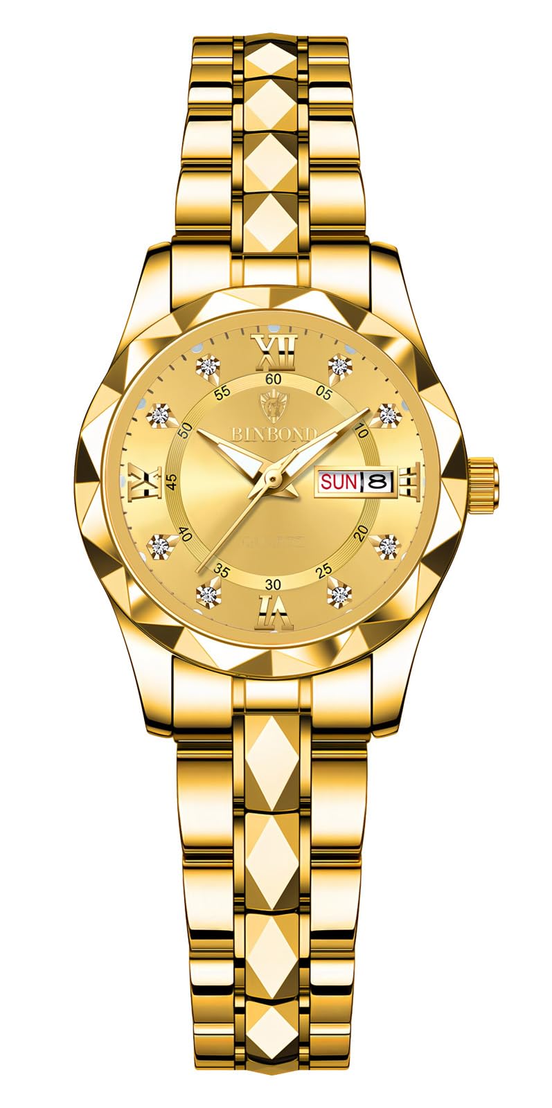 HOTGosasa Luxury Men's and Women's Business Diamond Stainless Steel Waterproof Roman Numeral Analog Quartz Watch with Day-Date Calendar, Gold and Silver Tone