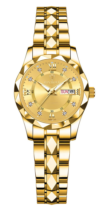 HOTGosasa Luxury Men's and Women's Business Diamond Stainless Steel Waterproof Roman Numeral Analog Quartz Watch with Day-Date Calendar, Gold and Silver Tone