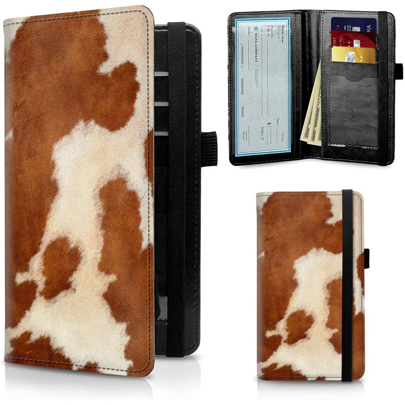 HOTFUYOCWE Leather Checkbook Cover for Men Women Check book Holder Cover for Personal Checkbook Checks with RFID Blocking & Elastic Strap-Bald Eagle with Flag