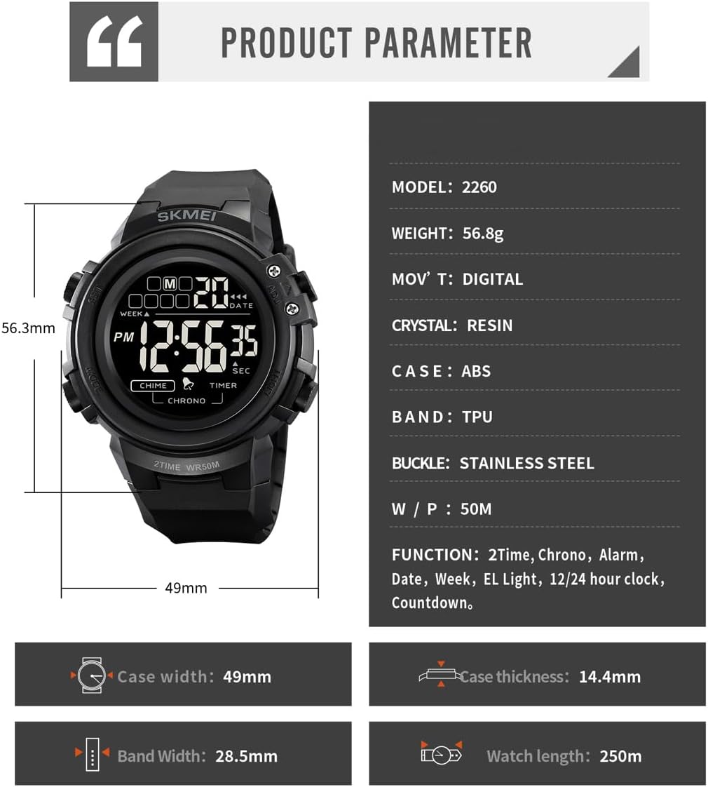 HOTIJAHWRS Mens Digital Watch Sports Outdoor Chronograph Wrist Watches for Men with LED Back Ligh/Alarm/Date Black
