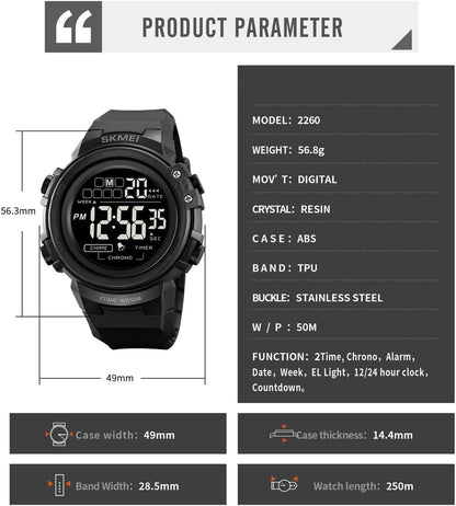 HOTIJAHWRS Mens Digital Watch Sports Outdoor Chronograph Wrist Watches for Men with LED Back Ligh/Alarm/Date Black