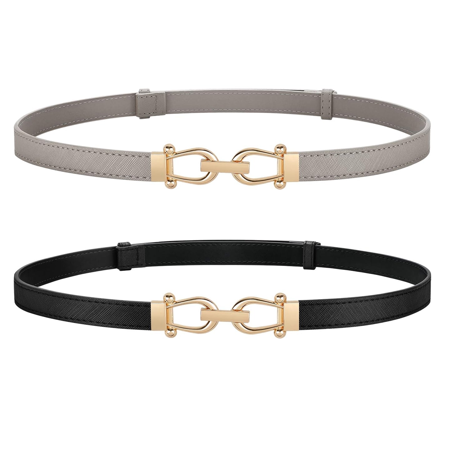 HOTJASGOOD 2 Pack Thin Belts for Women Fashion Skinny Leather Waist Belts for Jeans Pants Dresses with Gold Buckle