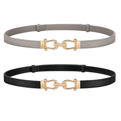 HOTJASGOOD 2 Pack Thin Belts for Women Fashion Skinny Leather Waist Belts for Jeans Pants Dresses with Gold Buckle