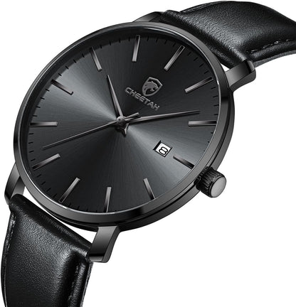 HOTCHEETAH Minimalist Waterproof Quartz Watches for Men with Leather Strap, Auto Date