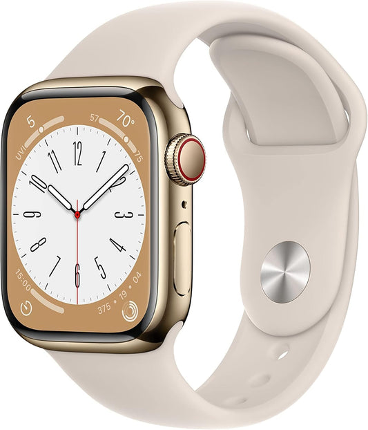 HOTApple Watch Series 8 (GPS + Cellular, 41MM) Gold Stainless Steel Case with Starlight Sport Band - S/M (Renewed)