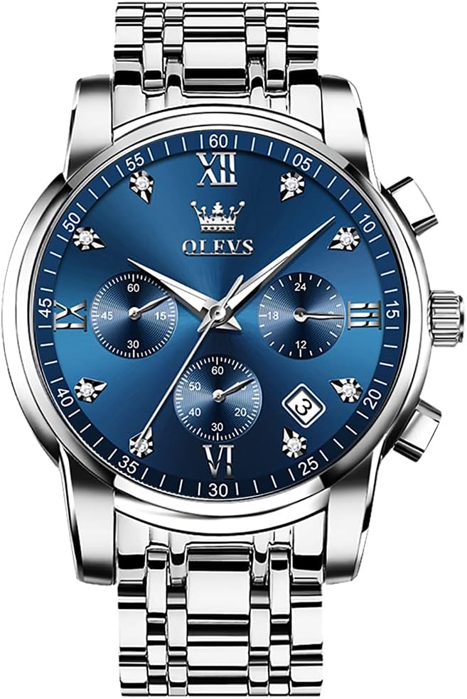 HOTOLEVS Men's Stainless Steel Chronograph Watch, Big Face Gold Silver Black Tone Easy to Read Analog Quartz Watch, Luxury Waterproof Date Diamond Roman Arabic Numerals Dial Dress Watch for Men
