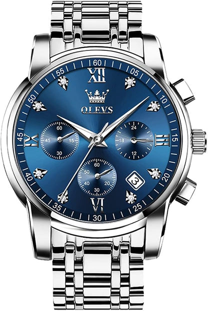 HOTOLEVS Men's Stainless Steel Chronograph Watch, Big Face Gold Silver Black Tone Easy to Read Analog Quartz Watch, Luxury Waterproof Date Diamond Roman Arabic Numerals Dial Dress Watch for Men