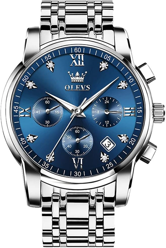 HOTOLEVS Men's Stainless Steel Chronograph Watch, Big Face Gold Silver Black Tone Easy to Read Analog Quartz Watch, Luxury Waterproof Date Diamond Roman Arabic Numerals Dial Dress Watch for Men