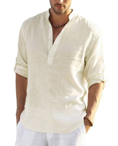 HOTCOOFANDY Men's Cotton Linen Henley T-Shirt Long Sleeve Hippie Casual Beach T-Shirts