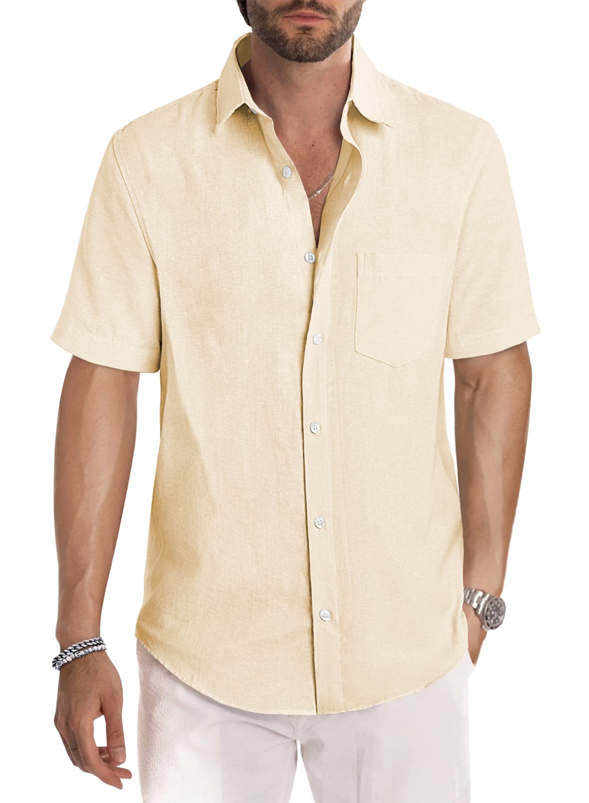 HOTJMIERR Men's Casual Stylish Short Sleeve Button-Up Striped Dress Shirt Cotton Beach Shirts